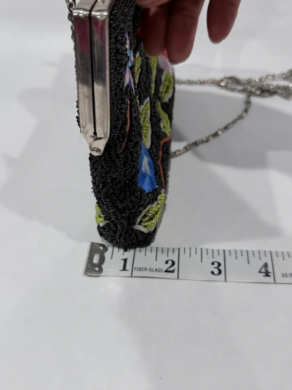 Embroidered Floral Beaded Black Evening Clutch with Chain